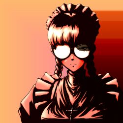  black_lagoon commentary_request cross fairey_gannet_(teriyaki_taro) female food fruit glasses maid maid_headdress opaque_glasses orange_theme partially_opaque_glasses roberta_(black_lagoon) solo upper_body 