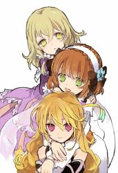  3girls blonde_hair brown_hair commentary_request elize_lutus green_eyes hug leia_rolando long_hair milla_maxwell multiple_girls purple_eyes smile soto tales_of_(series) tales_of_xillia yellow_eyes 