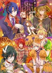  6+boys aijima_cecil animal_ears bad_id bad_pixiv_id bandages bat_wings blonde_hair blood blue_eyes blue_hair blush brown_hair candy choker closed_eyes dog_ears female food gloves hairband halloween hat highres hijirikawa_masato ichinose_tokiya ittoki_otoya jack-o&#039;-lantern jinguuji_ren kurusu_shou marimo_hen multiple_boys nanami_haruka photoshop_(medium) pumpkin red_eyes red_hair ribbon scar shinomiya_natsuki_(uta_no_prince-sama) short_hair uta_no_prince-sama wings witch_hat yellow_eyes 