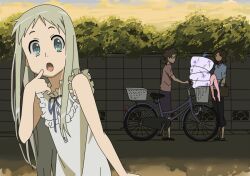  4girls :o ano_hi_mita_hana_no_namae_wo_bokutachi_wa_mada_shiranai. antenna_hair bag basket bicycle bicycle_basket blue_eyes brown_hair bush commentary_request crossover denpa_onna_to_seishun_otoko dress finger_to_mouth futon glasses grey_hair handbag hiding honma_meiko in_basket long_hair looking_at_viewer multiple_girls neck_ribbon open_mouth outdoors retaining_wall ribbon short_sleeves sleeveless sleeveless_dress standing takahiro_(rikky) touwa_erio vector_trace very_long_hair white_dress 