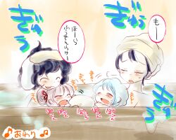  4girls ^_^ aged_down animal_ears baby bathing bathtub black_hair blue_hair blush closed_eyes commentary_request fujiwara_no_mokou grey_hair hair_up houraisan_kaguya inaba_tewi kamishirasawa_keine komaku_juushoku lowres multiple_girls rabbit_ears same-sex_bathing shared_bathing short_hair sigh touhou towel towel_bubble towel_on_head translated 