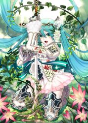  alteil alteil_battle_rpg alternate_costume aqua_hair armor dress fantasy female flower gauntlets grass green_eyes hatsune_miku jpeg_artifacts knight layered_skirt long_hair miniskirt miogrobin official_art photoshop_(medium) plant skirt solo sword twintails very_long_hair vines vocaloid weapon white_skirt 