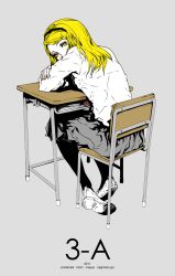  2011 black_pantyhose blonde_hair commentary_request desk female grey_skirt highres kagamine_rin long_hair looking_back medium_skirt nagimiso pantyhose school_desk school_uniform sitting skirt solo vocaloid 