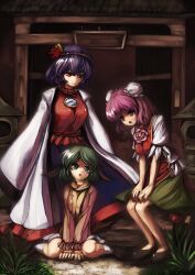  3girls animal_ears bun_cover cape commentary_request double_bun green_eyes green_hair hair_bun hair_ornament highres ibaraki_kasen kasodani_kyouko multiple_girls pink_eyes pink_hair purple_hair red_eyes sakimori_dan sitting touhou wariza yasaka_kanako 