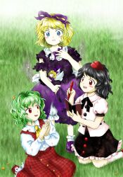  3girls alternate_color ascot black_hair black_skirt blonde_hair blouse blue_eyes blush commentary_request dress frilled_skirt frills grass green_hair hair_ornament hair_ribbon hat kazami_yuuka kneeling leaf leaf_on_head long_skirt medicine_melancholy medinki medium_skirt multiple_girls notebook open_mouth own_hands_together parody pen phantasmagoria_of_flower_view photoshop_(medium) plaid plaid_skirt player_2 purple_skirt red_eyes red_skirt ribbon seiza shameimaru_aya shirt sitting skirt skirt_hold skirt_set smile style_parody su-san tokin_hat touhou wings zun_(style) 