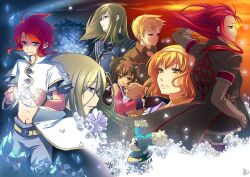  3girls 4boys anise_tatlin aqua_eyes asch_(tales) belt blonde_hair blue_eyes brown_eyes brown_hair choker coat commentary_request crystal doll flower glasses green_eyes group_picture guy_cecil hairband highres jade_curtiss kagemoto_yuki long_hair luke_fon_fabre midriff mieu_(tales) multiple_boys multiple_girls natalia_luzu_kimlasca_lanvaldear own_hands_clasped own_hands_together pants red_eyes red_hair serious smile surcoat tales_of_(series) tales_of_the_abyss tear_grants tokunaga_(tales) twintails 