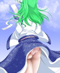  ass blue_skirt commentary_request day detached_sleeves female from_behind green_hair kochiya_sanae long_hair medium_skirt panties photoshop_(medium) print_skirt skirt skirt_flip sky solo suzuki_sakura touhou underwear wind wind_lift 