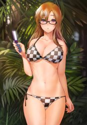  bad_id bad_pixiv_id bare_shoulders bikini blush breasts brown_hair cellphone checkered_bikini checkered_clothes collarbone day female glasses inuzuka_bouru kiryuu_moeka large_breasts long_hair looking_at_viewer navel outdoors phone photoshop_(medium) purple_eyes ribs side-tie_bikini_bottom solo steins;gate swimsuit underboob 