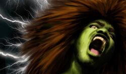  1boy big_hair blanka colored_skin commentary_request green_skin lightning male_focus photoshop_(medium) portrait rajomu red_hair solo street_fighter teeth yellow_eyes 