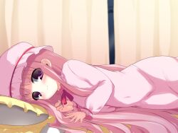  banned_artist hakamada_hinata hat long_hair looking_at_viewer lying nightcap non-web_source on_side pajamas pillow pink_hair purple_eyes rou-kyuu-bu! shikano_sumiaki smile solo very_long_hair 