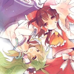  2girls ascot azuma_aya blue_skirt bow brown_eyes brown_hair commentary_request detached_sleeves foreshortening frog from_above green_eyes green_hair hair_ornament hair_ribbon hair_tubes hairbow hakurei_reimu kochiya_sanae long_hair lying medium_skirt midriff multiple_girls on_back on_side open_mouth outstretched_arm outstretched_hand photoshop_(medium) reaching red_skirt ribbon skirt skirt_set smile snake striped_clothes striped_skirt touhou yellow_eyes 