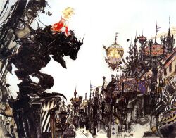  amano_yoshitaka city cover female final_fantasy final_fantasy_vi highres magitek_armor mecha official_art photoshop_(medium) robot scan solo terra_branford video_game_cover 