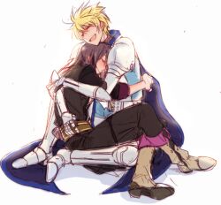  2boys armor bad_id bad_pixiv_id black_hair blonde_hair boots cape closed_eyes flynn_scifo grey_footwear hug knee_boots long_hair male_focus meer_rowe multiple_boys open_mouth photoshop_(medium) tales_of_(series) tales_of_vesperia white_background yuri_lowell 