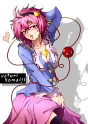  bad_id bad_pixiv_id between_breasts black_thighhighs blush breasts character_name cleavage commentary_request female hairband heart komeiji_satori medium_breasts pandora-ex pink_eyes pink_hair shadow short_hair solo standing thighhighs third_eye touhou 