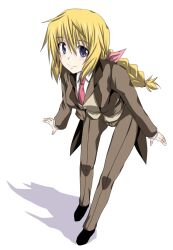  blonde_hair braid butler charlotte_dunois commentary_request cosplay female female_butler formal full_body infinite_stratos konoe_subaru konoe_subaru_(cosplay) leaning_forward long_hair mayo_chiki! mister_(black_and_white) necktie photoshop_(medium) purple_eyes solo suit 