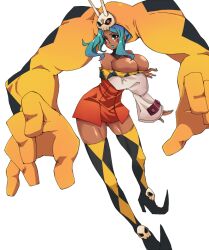  aqua_hair bare_shoulders boots breasts brown_eyes cerebella_(skullgirls) cleavage commentary_request dark-skinned_female dark_skin detached_sleeves dress female hat large_breasts lipstick living_clothes makai makeup nail_polish orange_dress short_dress skull skullgirls sleeveless sleeveless_dress solo thigh_boots thighhighs vice-versa_(skullgirls) white_background 