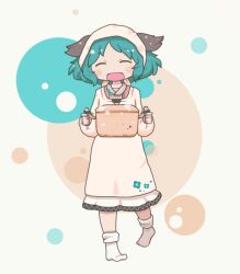  animal_ears apron beige_background blush bobby_socks closed_eyes commentary_request cooking_pot dress facing_viewer female full_body green_hair head_scarf holding holding_cooking_pot inishie kappougi kasodani_kyouko long_sleeves multicolored_background no_shoes open_mouth short_hair smile socks solo standing standing_on_one_leg steam tenugui touhou 