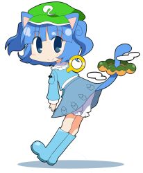  animal_ears ayu_(iyokanya) bad_id bad_pixiv_id blue_eyes blue_hair blue_tail cat_ears cat_tail chibi doughnut female food food_on_tail hat hyadain_no_joujou_yuujou kawashiro_nitori kemonomimi_mode looking_at_viewer nichijou parody simple_background smile solo tail touhou two_side_up white_background winding_key 