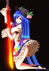  ass bad_id bad_pixiv_id barefoot black_background blue_hair commentary_request female frills full_body hat highres hinanawi_tenshi kneeling long_hair looking_at_viewer photoshop_(medium) red_eyes simple_background solo sword_of_hisou touhou untue very_long_hair 