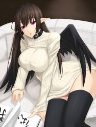  akitsuki_karasu black_thighhighs black_wings breasts brown_hair collar commentary_request female highres large_breasts long_hair open_mouth original pointy_ears purple_eyes reading sitting solo sweater thighhighs wings 