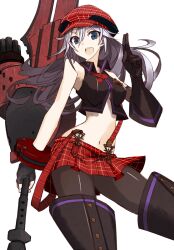  alisa_ilinichina_amiella blue_eyes boots breasts commentary_request crop_top elbow_gloves female gloves god_eater god_eater_burst grey_hair gun hat highres long_hair medium_breasts miniskirt navel open_mouth pantyhose plaid plaid_headwear plaid_skirt pleated_skirt red_skirt simple_background skirt sleeveless solo suspender_skirt suspenders sword thigh_boots thighhighs vane_(vane0) weapon 