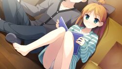  1boy bare_legs barefoot book book_focus bow dutch_angle feet female game_cg green_eyes hairbow highres kantoku minagawa_yuuhi no_pants orange_hair panties pantyshot ponytail sitting smile striped sweater underwear white_panties wide_ponytail wooden_floor your_diary 