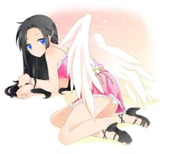  angel_wings bad_id bad_pixiv_id bare_legs black_hair blue_eyes bracelet dress eloosia female flower full_body hair_ornament hairpin jewelry lace lace-trimmed_dress lace_trim long_hair original panties pantyshot pink_dress shoes short_dress sleeveless sleeveless_dress solo spaghetti_strap underwear white_panties wings 