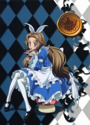  absurdres alice_in_wonderland brown_hair code_geass dress female food fruit hair_ribbon highres kimura_takahiro long_legs mary_janes nunnally_vi_britannia official_art pantyhose purple_eyes ribbon shoes sitting solo strawberry unusually_open_eyes white_pantyhose 