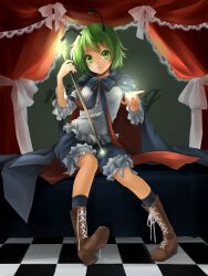  antennae bad_id bad_pixiv_id black_socks boots cape checkered_floor cross-laced_footwear curtains female green_eyes green_hair highres lace-up_boots nanairo short_hair shorts sitting socks solo stick touhou wand wriggle_nightbug 