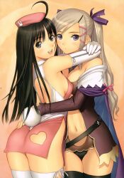  2girls absurdres ass belt black_eyes black_hair black_legwear black_panties bow breast_press breasts bunny_tail cape covered_nipples erect_nipples gloves grey_hair hair_ornament hair_ribbon hairclip hat highres hug long_hair multiple_girls navel no_panties original panties purple_eyes ribbon smile symmetrical_docking tail taka_tony tanaka_takayuki thighhighs twintails underwear white_gloves white_legwear 