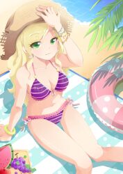  adjusting_clothes adjusting_headwear apple bad_id bad_pixiv_id bare_legs beach bikini blonde_hair bracelet breasts collarbone eloosia female fingernails food fruit grapes green_eyes hat innertube jewelry long_hair medium_breasts multicolored_bikini multicolored_clothes original outdoors photoshop_(medium) red_apple side-tie_bikini_bottom sitting smile solo straw_hat striped_bikini striped_clothes summer swim_ring swimsuit towel watermelon 