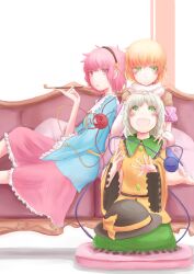  3girls :d bad_id bad_pixiv_id blonde_hair blush couch frilled_skirt frills green_eyes green_skirt grey_hair hairband hand_on_another&#039;s_head hat headpat heart kiseru kokotetsu komeiji_koishi komeiji_satori medium_skirt mizuhashi_parsee multiple_girls open_mouth pillow pink_eyes pink_hair pink_skirt pointy_ears shirt siblings sisters sitting skirt smile smoking_pipe third_eye touhou unworn_hat unworn_headwear 