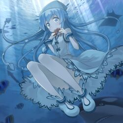  adapted_costume blue_eyes blue_hair buntan commentary_request female fish hat ikamusume long_hair shinryaku!_ikamusume shrimp solo tentacle_hair underwater 