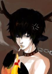  1boy anger_vein animal_collar animal_ears animal_hands antlers babyfoxcc black_eyes black_hair brown_background chains cigarette closed_mouth collar commentary_request deer_antlers deer_boy fire gintama hair_between_eyes hands_up hijikata_toushirou hooves horns lighter lighting_cigarette male_focus monster_boy nude photoshop_(medium) short_hair simple_background smoke smoking solo 