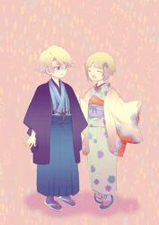  1boy bad_id bad_pixiv_id blonde_hair blue_hakama female floral_print flower hair_ornament hairclip hakama hakama_skirt haori highres huang_baoling ivan_karelin japanese_clothes kimono norino_moto obi purple_eyes sash short_hair skirt tiger_&amp;_bunny 