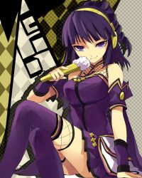  bad_id bad_pixiv_id beatmania_iidx female folding_fan hand_fan headphones purple_eyes purple_hair shionty sitting solo thighhighs umegiri_hifumi zettai_ryouiki 