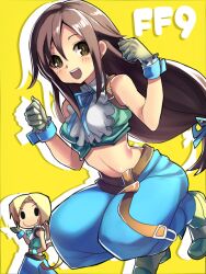  1boy bad_id bad_pixiv_id blonde_hair brown_eyes brown_hair copyright_name cosplay female final_fantasy final_fantasy_ix garnet_til_alexandros_xvii gloves jumping long_hair low-tied_long_hair midriff pants shoes smile solo_focus yellow_background yui_tooru zidane_tribal zidane_tribal_(cosplay) 