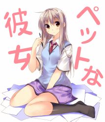  :o black_socks blush brown_eyes commentary_request female grey_hair highres kneehighs kuwashima_rein long_hair looking_at_viewer miniskirt necktie open_mouth paper pen pleated_skirt purple_skirt sakura-sou_no_pet_na_kanojo school_uniform shiina_mashiro sitting skirt socks solo striped_clothes striped_skirt translated vest wariza 