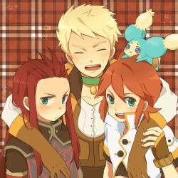  3boys asch_(tales) bad_id bad_pixiv_id blonde_hair choker closed_eyes fingerless_gloves gloves green_choker green_eyes guy_cecil inamura_(yanahiyabao) long_hair luke_fon_fabre male_focus mieu_(tales) multiple_boys open_mouth red_hair star_(symbol) tales_of_(series) tales_of_the_abyss 