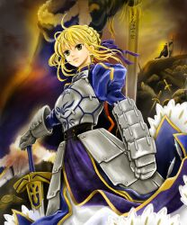  ahoge armor armored_dress artoria_pendragon_(fate) blonde_hair cape commentary_request dress excalibur_(fate/stay_night) fate/stay_night fate_(series) faulds female gauntlets green_eyes hair_ribbon highres manbosakuranbo ribbon saber_(fate) solo sword weapon 