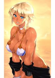  23_(real_xxiii) bare_shoulders bikini blonde_hair blue_eyes blush bracelet breasts choker cleavage commentary_request dark-skinned_female dark_skin female highres jewelry large_breasts original sela_(23) short_hair side-tie_bikini_bottom skindentation smile solo strap_gap sweat swimsuit wet 