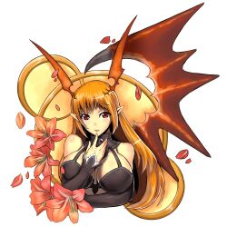  bare_shoulders breasts demon_girl detached_sleeves flower jonylaser large_breasts long_hair looking_at_viewer lord_of_vermilion orange_hair pointy_ears red_eyes single_wing solo succubus succubus_(lord_of_vermilion) wings 