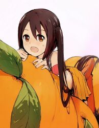  arancia bad_id bad_pixiv_id brown_hair female food francisco_valle fruit long_hair miniskirt open_mouth orange_(fruit) orange_eyes orange_skirt original pleated_skirt skirt solo twintails 