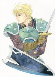  1boy agahari armor blonde_hair commentary_request fire_emblem fire_emblem:_the_blazing_blade harken_(fire_emblem) male_focus manly pauldrons shield shoulder_armor solo sword traditional_media weapon 