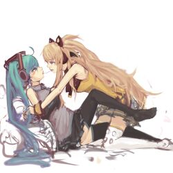  2girls animal_ear_headphones animal_ears aqua_eyes aqua_hair audio-technica bare_shoulders big_hair black_legwear blonde_hair blush cat_ear_headphones cat_ears couple fake_animal_ears hatsune_miku headphones highres long_hair multiple_girls panties_(pantsu-pirate) saliva saliva_trail seeu stax thighhighs vocaloid white_legwear yuri zettai_ryouiki 