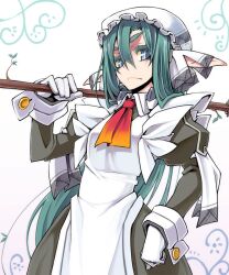  blue_eyes commentary_request female grace_o&#039;malley green_hair kodama_yuu kyoukaisenjou_no_horizon long_hair maid photoshop_(medium) pointy_ears solo 