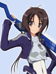  bodysuit brown_eyes brown_hair commentary_request female kyoukaisenjou_no_horizon long_hair oriotorai_makiko solo sword uripon weapon whistle 