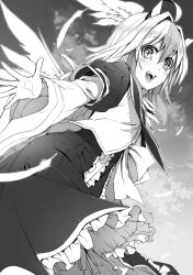  bad_link dress eho_(icbm) feathers female frilled_skirt frills greyscale head_wings high-waist_skirt horns looking_at_viewer medium_skirt monochrome multicolored_hair open_hand open_mouth ribbon short_hair single_head_wing skirt smile solo tokiko_(touhou) touhou two-tone_hair wide_sleeves wings 