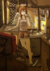  angel angel_wings arm_support bare_legs barefoot bathroom brown_eyes brown_hair brown_shorts brushing_teeth camisole clock commentary_request crossed_legs crt cup electric_plug electrical_outlet faucet female full_body halo highres holding holding_toothbrush indoors inukoko jitome light_switch mirror note original pink_camisole quill shorts sink solo standing television toothbrush towel towel_rack traditional_halo ventilation_fan washing_machine wings 