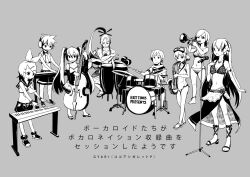  3boys 5girls bikini commentary_request double_bass drum exit_tunes flower goggles goggles_on_head greyscale gumi gyari_(imagesdawn) hair_flower hair_ornament hair_ribbon hairclip hatsune_miku instrument kagamine_len kagamine_rin kaito_(vocaloid) kamui_gakupo keyboard_(instrument) long_hair megurine_luka meiko_(vocaloid) microphone microphone_stand monochrome multiple_boys multiple_girls ribbon sarong saxophone short_hair smile swimsuit trumpet vocaloid 